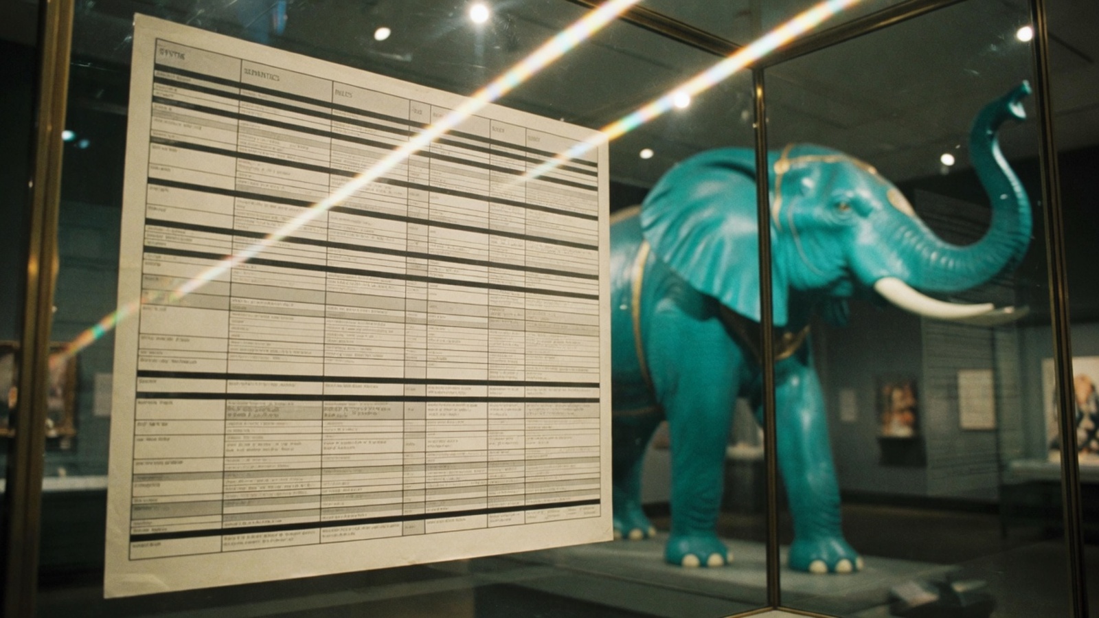 Close-up of a brass-framed archival specification table behind museum glass, with a teal elephant statue out of focus filling the room beyond.