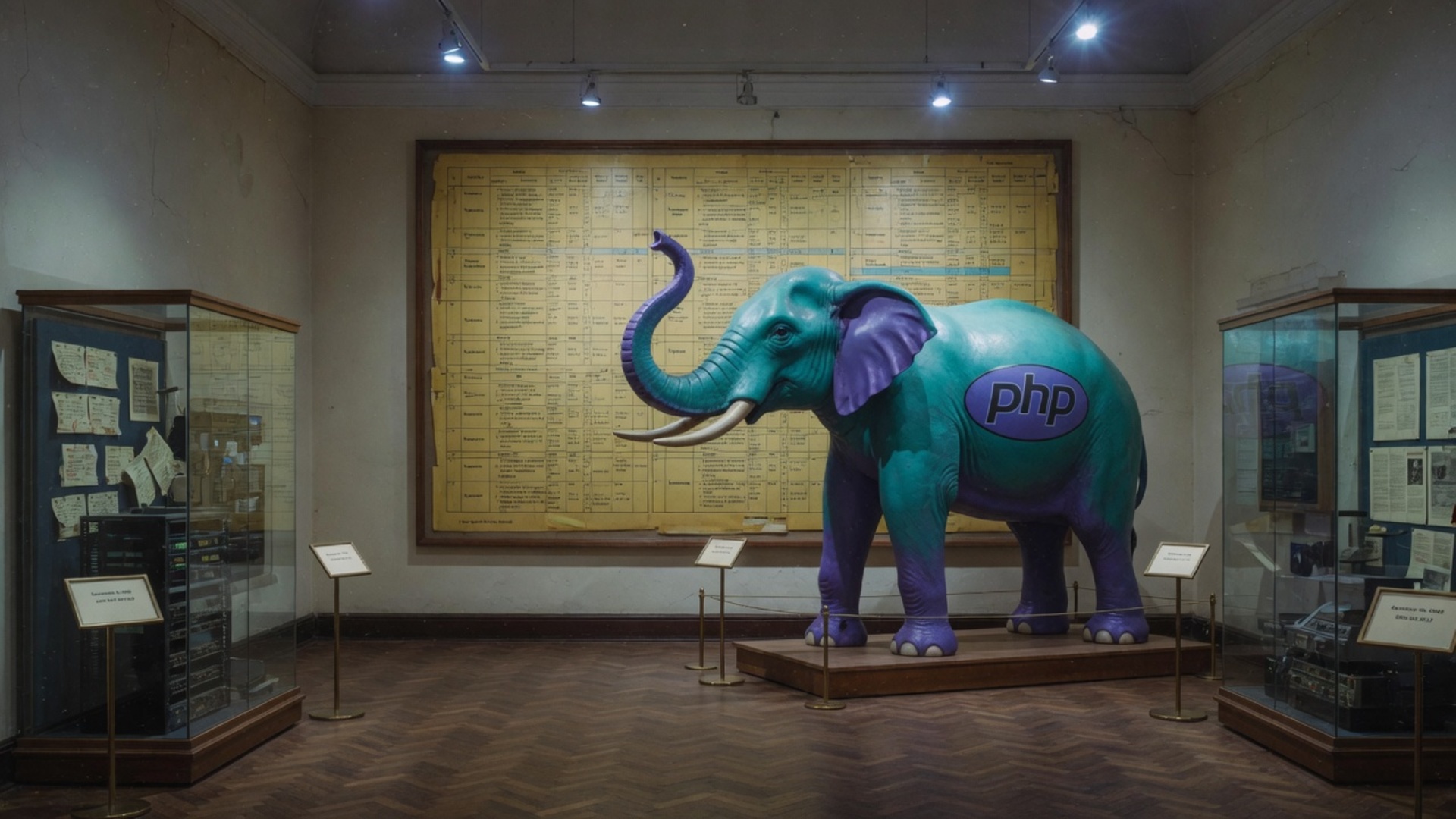 A cream-walled museum gallery with a large teal PHP elephant statue at center, glass vitrines, brass rails, and archival specification tables displayed on the walls under spotlights.
