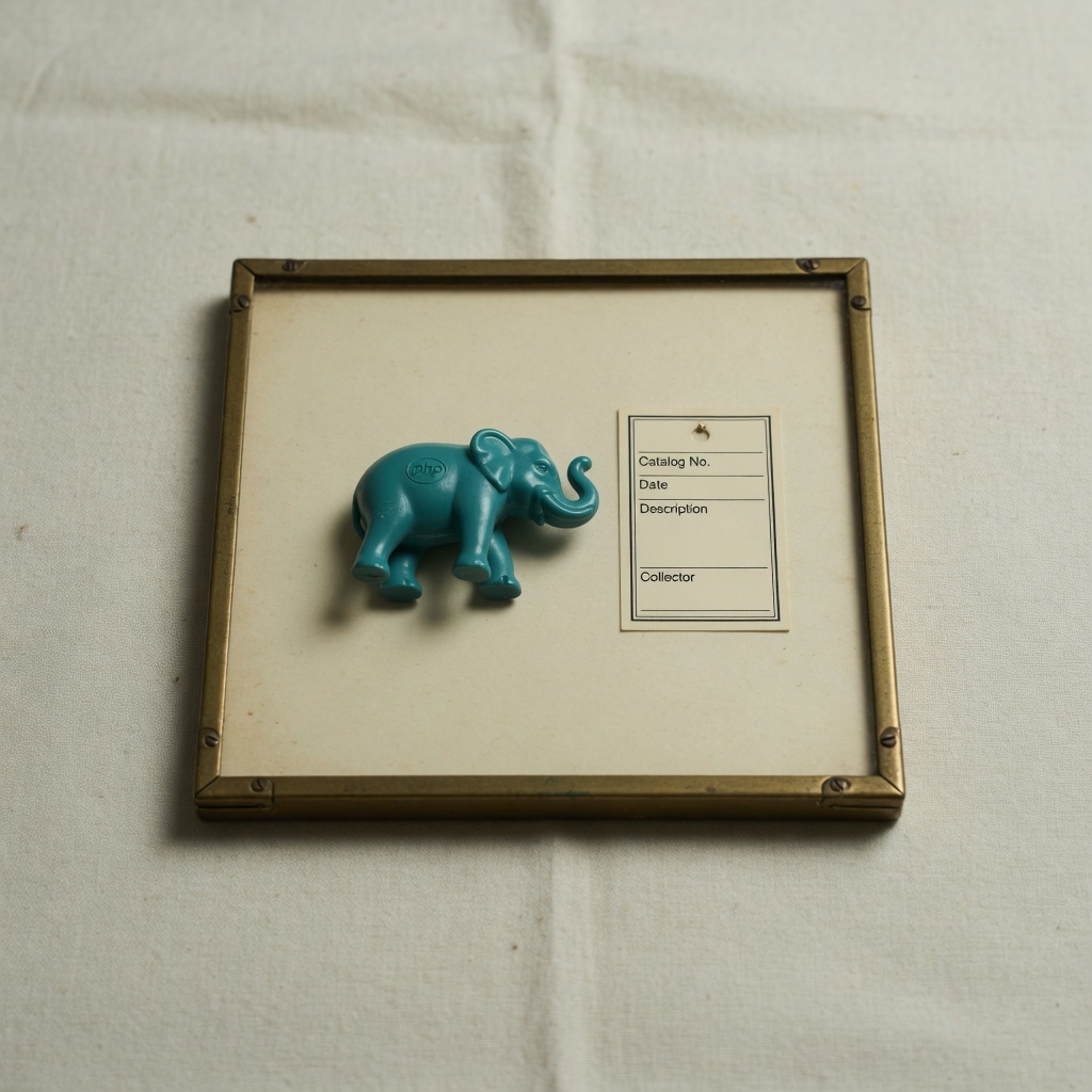 Museum catalog photograph of a small teal PHP elephant figurine on an aged cream specimen card inside a brass frame.